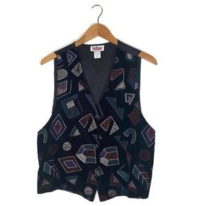 Vintage 80s Jeri Marque Sz Large Vest Velvet Geometric Metallic Artwear Black